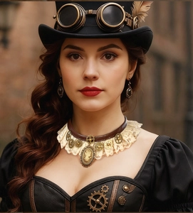 Steampunk lace choker set with bronze gears and vintage relief pendant for cosplay