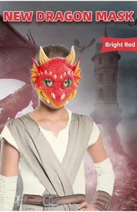 Detailed view of the bright red dragon mask with realistic scales and yellow horns