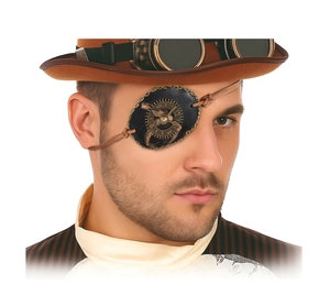 Detail of steampunk pirate eye patch with vintage gears and clock design for cosplay
