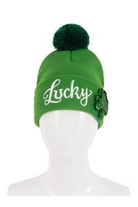 Detail of green knit beanie with Lucky embroidery and sequined shamrock for St. Patrick's Day