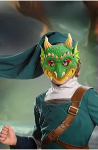 Detailed close-up of dark green dragon mask with scales and horns in fantasy forest