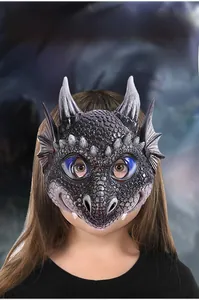 Detailed view of kids dragon mask in pure black with realistic scales and horns
