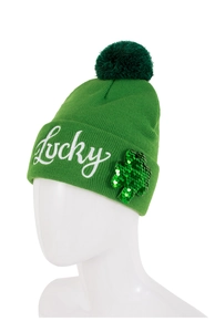 Detailed close-up of green St. Patrick's Day knit hat with Lucky embroidery and sequin clover