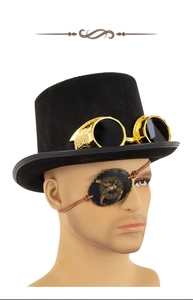 Steampunk set featuring a black top hat, gold goggles, and mechanical gear eye patch detail