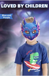 Close-up of child wearing blue dragon mask with realistic scale textures and spikes