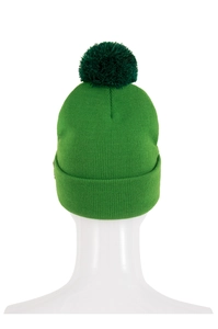 Detail view of the green knit beanie with a dark green fluffy pom-pom on the top
