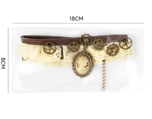 Steampunk choker detail featuring brown leather, lace, bronze gears and a cameo pendant