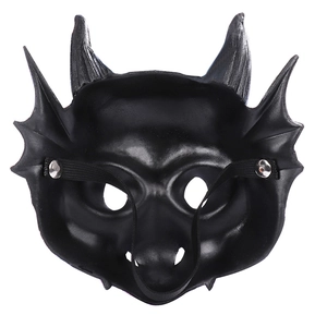Detail view of the black dragon mask back with elastic strap and metal rivets