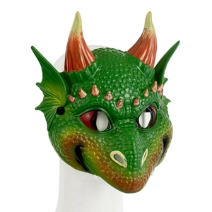 Detailed dragon mask with green scales, orange horns and realistic texture for kids