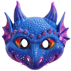 Detail showing high-texture blue dragon mask scales and purple horns for kids