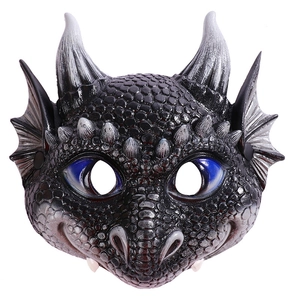 Detailed view of the realistic dragon scale texture and blue eyes on this dragon mask