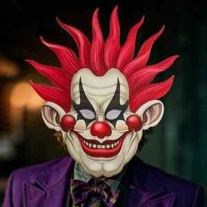 Masque de clown EVA effrayant avec cheveux rouges et visage blanc pour cosplay Halloween