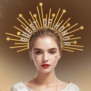 Golden sunburst halo crown with GUEST OF HONOR lettering for goddess cosplay party