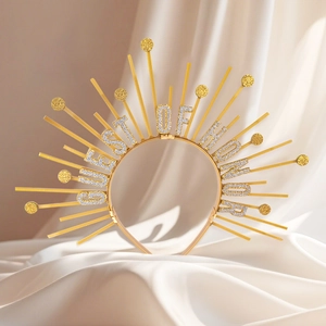 Golden sunburst halo headband featuring silver glitter GUEST OF HONOR lettering for parties