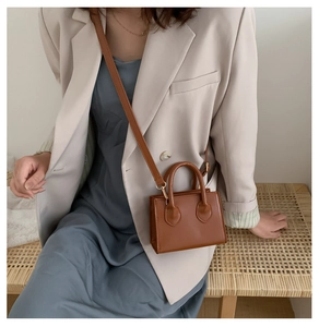 Caramel brown mini crossbody bag with gold hardware shown in a stylish indoor lifestyle setting