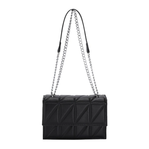 Borsa a tracolla trapuntata nera con ricami geometrici e catena in argento