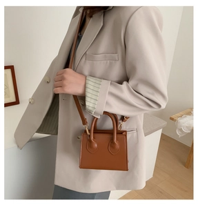 Brown mini crossbody bag with gold hardware shown on a model in a beige blazer