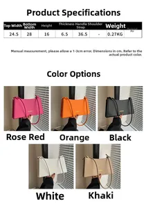 Detailed size chart and multi-color options for the minimalist PU leather baguette handbag