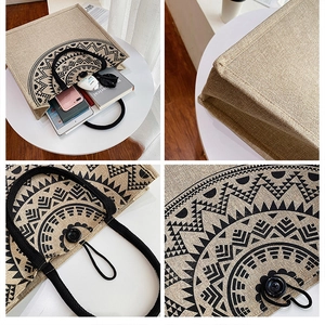 Detailed close-up showing the linen texture and mandala pattern of the large jute tote bag