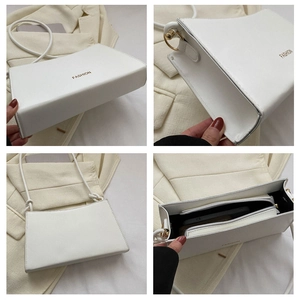 Detailed views of white rectangular bag showing interior zip pocket and golden logo