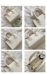 Detailed views of cream mini crossbody bag showing gold hardware and inner compartments