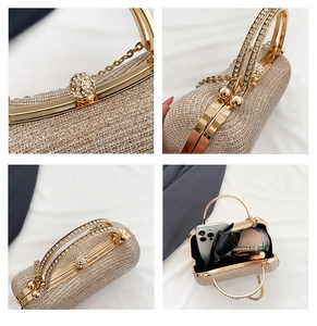Macro detail of champagne gold sequin clutch bag showing large crystal clasp and ring handle