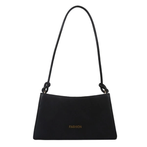 Minimalist black baguette bag with gold FASHION text and unique knotted shoulder strap