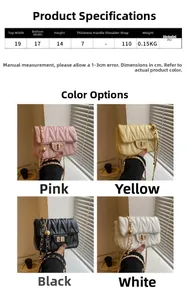 Tableau des tailles et vue quatre couleurs du sac à bandoulière en cuir PU matelassé