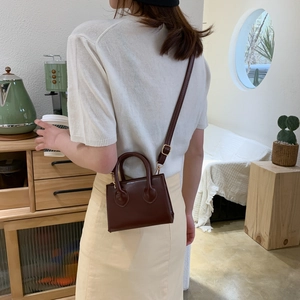 Classic dark brown mini square crossbody bag with top handles shown on a model