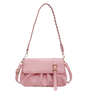 Pink minimalist crossbody bag with stylish pleated cloud design and golden buckle accents