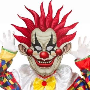 Masque de clown EVA effrayant avec cheveux rouges et costume de cosplay à carreaux