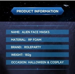 Specifiche del prodotto per maschera aliena in schiuma con peso 182g e materiale RP
