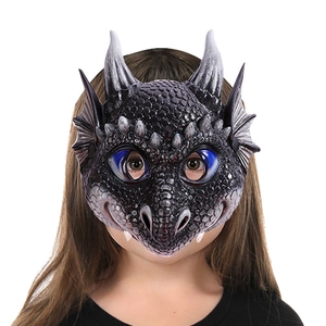 Realistic black dragon mask for kids featuring 3D scales and blue eye accents for Halloween