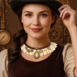 Steampunk leather choker with bronze gears and vintage cameo pendant for cosplay