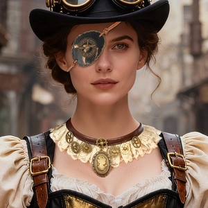 Steampunk pirate eye patch and lace choker set with metal gears and clock dial design