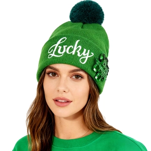 Green St. Patrick's Day knit beanie with Lucky embroidery and sequin clover detail