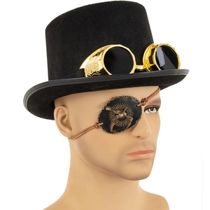 Steampunk set featuring a black felt top hat, vintage goggles, and gear decorated eyepatch