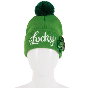 Green St. Patrick's Day knit beanie with Lucky embroidery and sequin clover