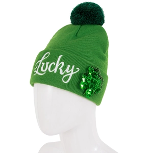 Green St. Patrick's Day knitted hat with Lucky embroidery and sequined shamrock