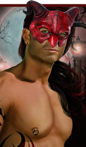 Detail of red demon horn half mask with weathered texture for Halloween cosplay