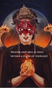 Detailed view of red devil mask featuring textured foam and black spiral ram horns