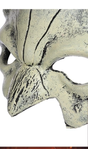 Detailed macro view of weathered bone texture and hooked nose on devil horn mask