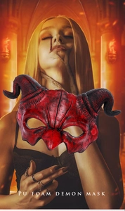 Detailed view of PU foam demon mask with curved horns for Halloween cosplay