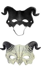 Detail of PU foam ram horn mask with textured spiral horns and adjustable elastic strap