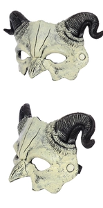Detail view of devil ram horn mask with bone texture and adjustable elastic strap