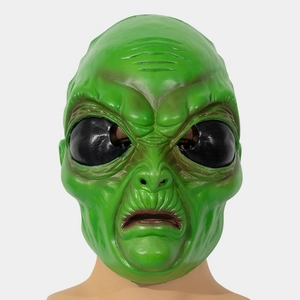 Maschera realistica da alieno verde in lattice per Halloween con grandi occhi neri e rughe