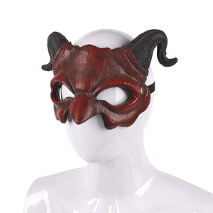 Halloween devil horn half face mask in dark red with black spiral ram horns and texture