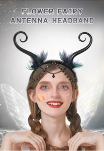 Detail of dark fairy antenna headband with purple mesh flowers and black bead chain