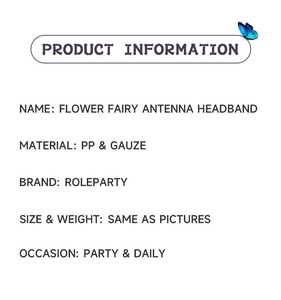 Detailed spec sheet for flower fairy antenna headband made of PP and gauze