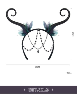 Gothic demon horn headband detail with size specs 21x31cm and dark crystal chains